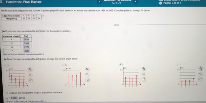 Homework Final Review Part 6 Points 0 88 Of 1 The Following De Represent The Number Of Games Played In Nach Series Of A 1