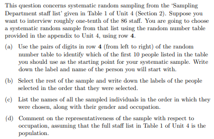 This Question Concerns Systematic Random Sampling From The Sampling Department Staff List Given In Table 1 Of Unit 4 1