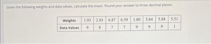 Given The Following Weights And Data Values Calculate The Mean Round Your Answer To Three Decimal Places Weights 1 93 1