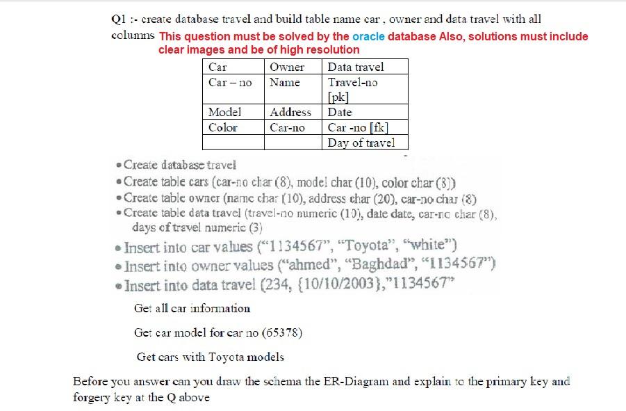 Q1 Create Database Travel And Build Table Name Car Owner And Data Travel With All Columns This Question Must Be Solve 1