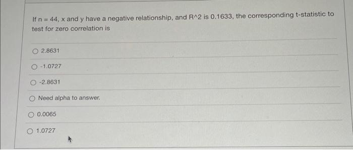 If N 44 X And Y Have A Negative Relationship And R 2 Is 0 1633 The Corresponding T Statistic To Test For Zero Corre 1