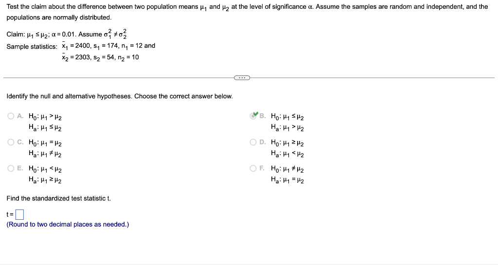 Test The Claim About The Difference Between Two Population Means Hy And H2 At The Level Of Significance A Assume The Sa 1
