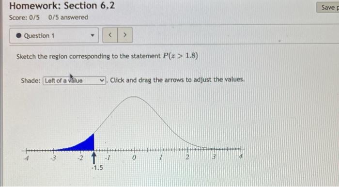 Save Homework Section 6 2 Score 0 5 0 5 Answered Question 1 Sketch The Region Corresponding To The Statement P Z 1