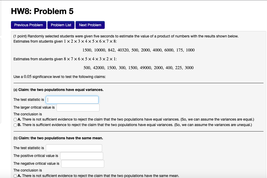 Hw8 Problem 5 Previous Problem Problem List Next Problem 1 Point Randomly Selected Students Were Given Five Seconds T 1