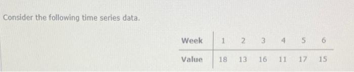 Consider The Following Time Series Data Week 1 N 3 4 5 6 6 Value 18 13 16 11 17 15 B Develop The Three Week Moving A 1