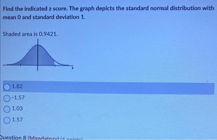 Find The Indicated Z Score The Graph Depicts The Standard Normal Distribution With Mean 0 And Standard Deviation 1 Sha 1