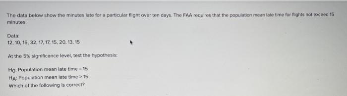 The Data Below Show The Minutes Late For A Particular Flight Over Ten Days The Faa Requires That The Population Mean La 1