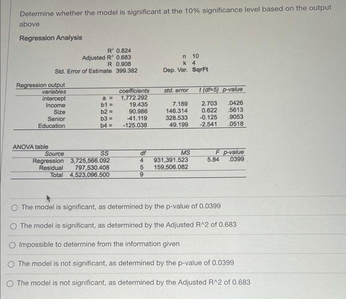 Determine Whether The Model Is Significant At The 10 Significance Level Based On The Output Above Regression Analysis R 1