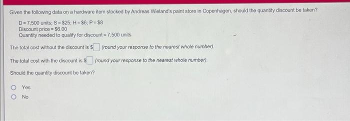 Given The Following Data On A Hardware Item Stocked By Andreas Wieland S Paint Store In Copenhagen Should The Quantity 1