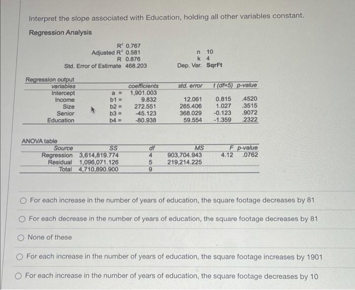 Interpret The Slope Associated With Education Holding All Other Variables Constant Regression Analysis R 0 767 Adjust 1