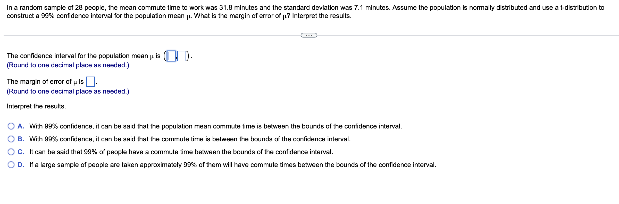 In A Random Sample Of 28 People The Mean Commute Time To Work Was 31 8 Minutes And The Standard Deviation Was 7 1 Minut 1