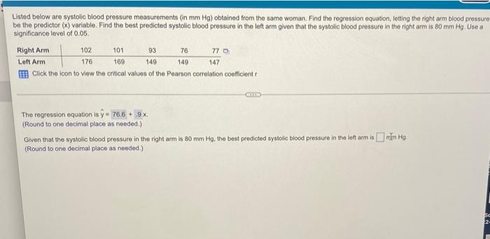 Listed Below Are Systolic Blood Pressure Measurements In Mm Hg Obtained From The Same Woman Find The Regression Equat 1