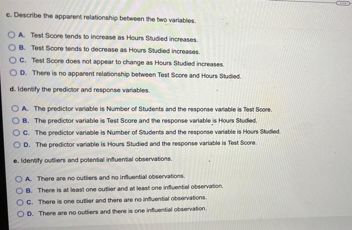 C Describe The Apparent Relationship Between The Two Variables O A Test Score Tends To Increase As Hours Studied Incr 1