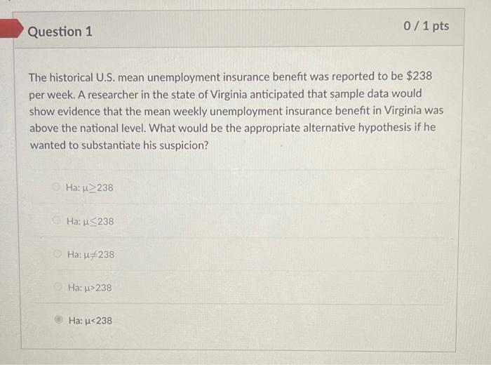 Question 1 0 1 Pts The Historical U S Mean Unemployment Insurance Benefit Was Reported To Be 238 Per Week A Researche 1