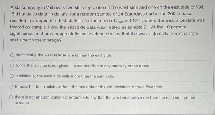 A Ski Company In Vail Owns Two Ski Shops One On The West Side And One On The East Side Of Vail Ski Hat Sales Data I 1