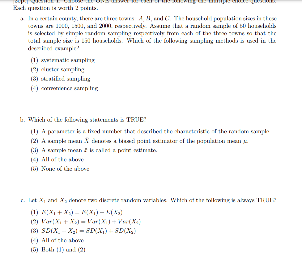 Une One Answer For Pupu The Following The Ple Choice Questions Each Question Is Worth 2 Points A In A Certain County 1