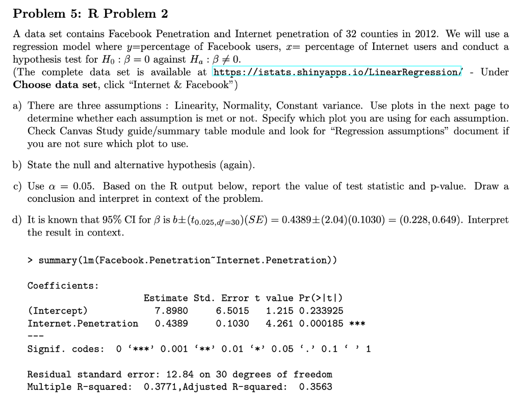 Problem 5 R Problem 2 A Data Set Contains Facebook Penetration And Internet Penetration Of 32 Counties In 2012 We Will 1