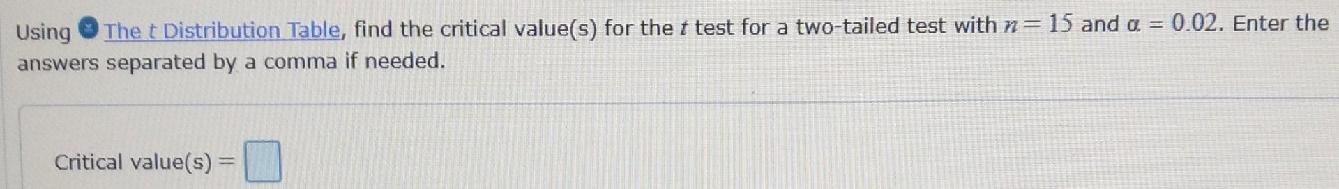 Using The T Distribution Table Find The Critical Value S For The T Test For A Two Tailed Test With N 15 And A 0 02 1