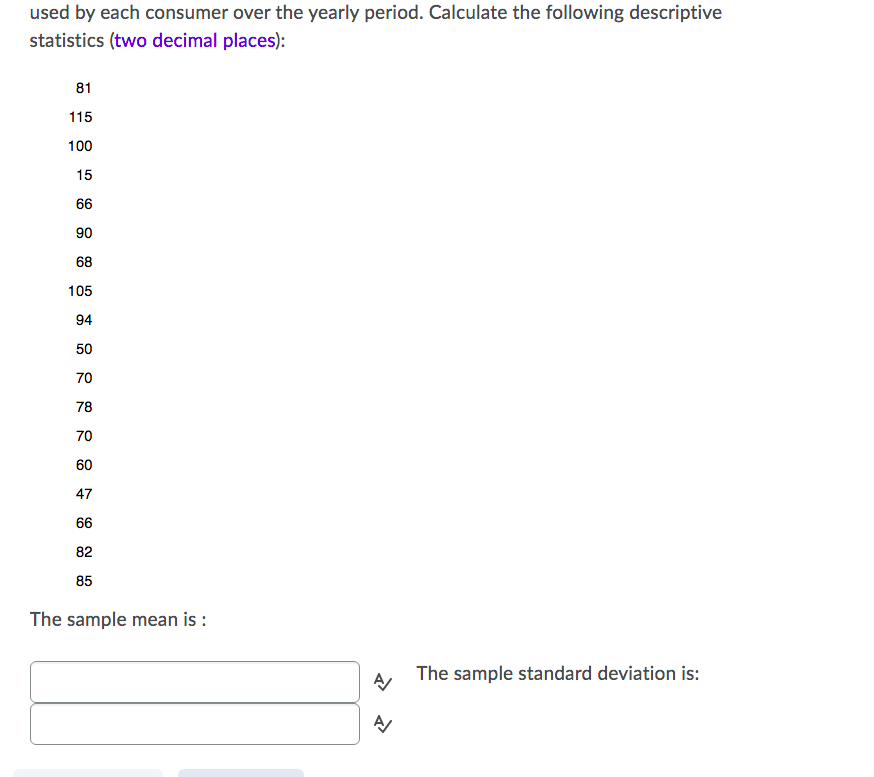 Used By Each Consumer Over The Yearly Period Calculate The Following Descriptive Statistics Two Decimal Places 81 11 1