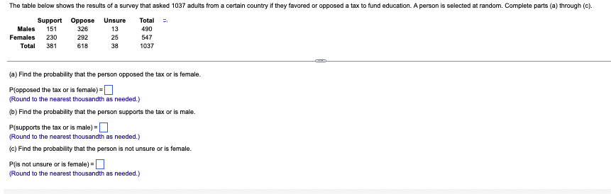 The Table Below Shows The Results Of A Survey That Asked 1037 Adults From A Certain Country If They Favored Or Opposed A 1