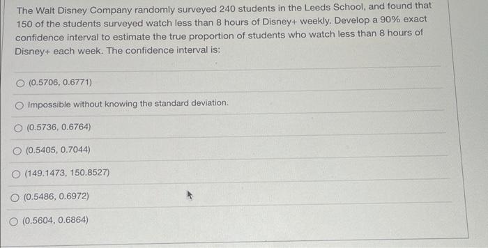 The Walt Disney Company Randomly Surveyed 240 Students In The Leeds School And Found That 150 Of The Students Surveyed 1