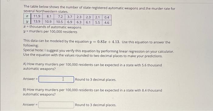 2 3 The Table Below Shows The Number Of State Registered Automatic Weapons And The Murder Rate For Several Northwestern 1