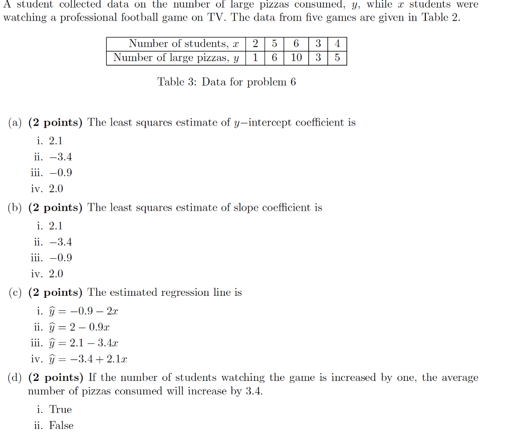 A Student Collected Data On The Number Of Large Pizzas Consumed Y While Students Were Watching A Professional Football 1