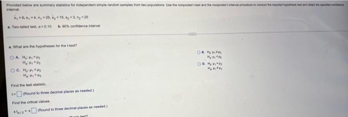 Verval Provided Bow Are Summary Statistics For Nonpendent Simple Random Samples From No Populations Use The Nonpected T 1