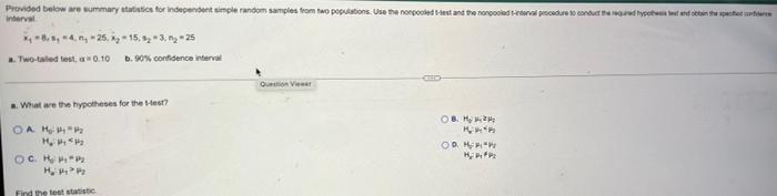 Verval Provided Bow Are Summary Statistics For Nonpendent Simple Random Samples From No Populations Use The Nonpected T 7