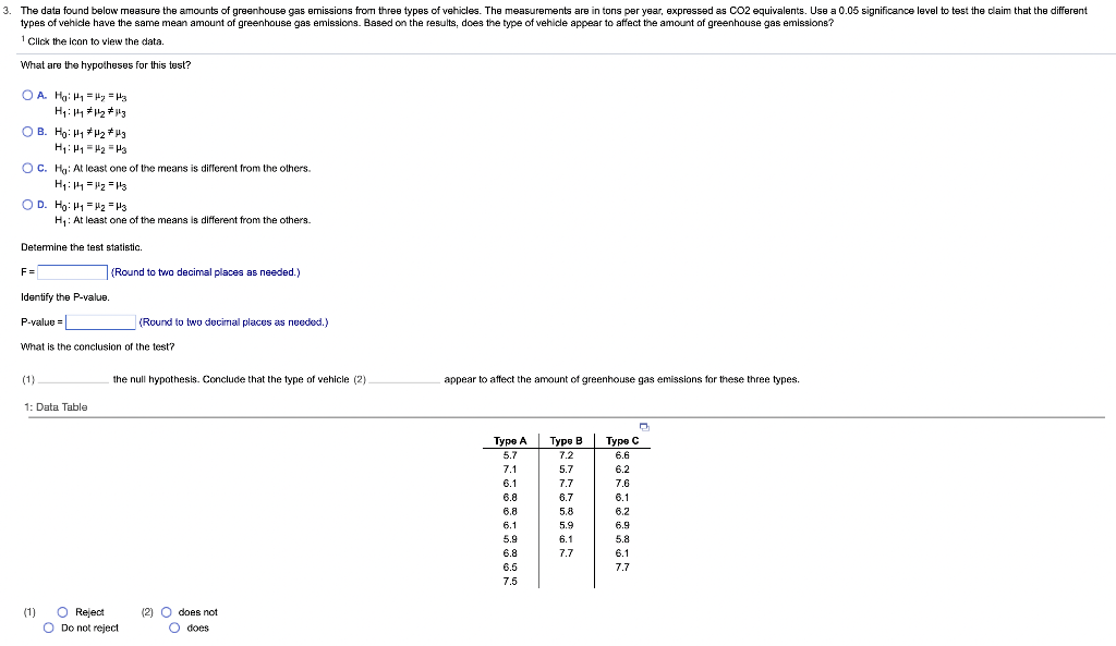 3 The Data Found Below Measure The Amounts Of Greenhouse Gas Emissions From Three Types Of Vehicles The Measurements A 1