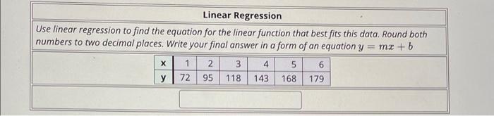 Linear Regression Use Linear Regression To Find The Equation For The Linear Function That Best Fits This Data Round Bot 1