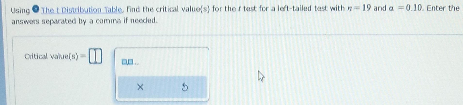Using The T Distribution Table Find The Critical Value S For The T Test For A Left Tailed Test With N 19 And A 0 10 1