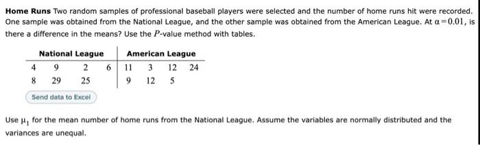 Home Runs Two Random Samples Of Professional Baseball Players Were Selected And The Number Of Home Runs Hit Were Recorde 1