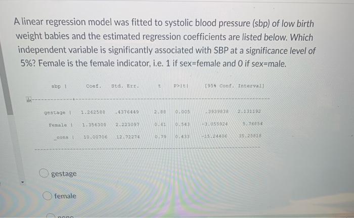 A Linear Regression Model Was Fitted To Systolic Blood Pressure Sbp Of Low Birth Weight Babies And The Estimated Regre 2