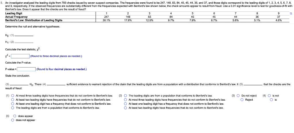 5 An Investigator Analyzed The Leading Digits From 769 Checks Issued By Seven Suspect Companies The Frequencies Were F 1