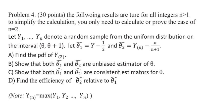 Let Y1 Problem 4 30 Points The Follwoing Results Are Ture For All Integers N 1 To Simplify The Calculation 1