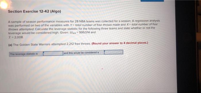 Section Exercise 12 42 Algo A Sample Of Season Performance Measures For 28 Nba Teams Was Collected For A Season A Reg 1