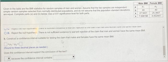 Given In The Table Are The Bmi Statistics For Random Samples Of Men And Women Assume That The Two Samples Are Independe 1