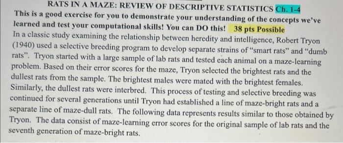Rats In A Maze Review Of Descriptive Statistics Ch 1 4 This Is A Good Exercise For You To Demonstrate Your Understandi 1