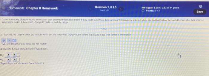 E Homework Chapter 8 Homework Question 1 8 1 5 Part 2012 Mw Seore 5084 0 83 Of 4 Points O Points 0 Of 1 Save Chan A 1
