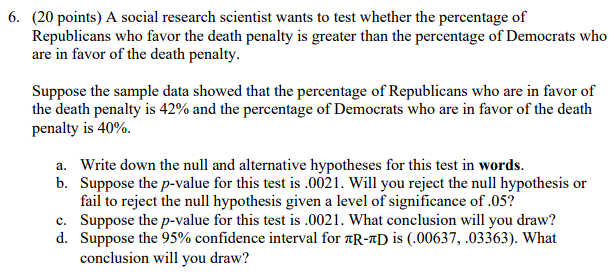 6 20 Points A Social Research Scientist Wants To Test Whether The Percentage Of Republicans Who Favor The Death Penal 1