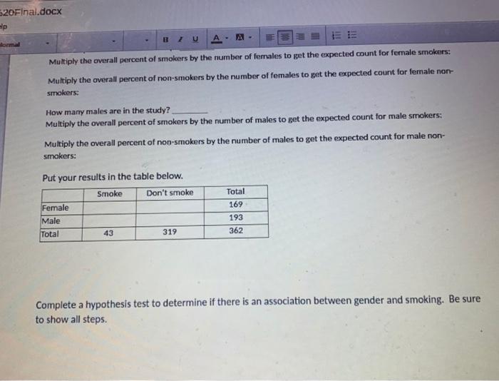 520final Docx Wp Multiply The Overall Percent Of Smokers By The Number Of Females To Get The Expected Count For Female S 1