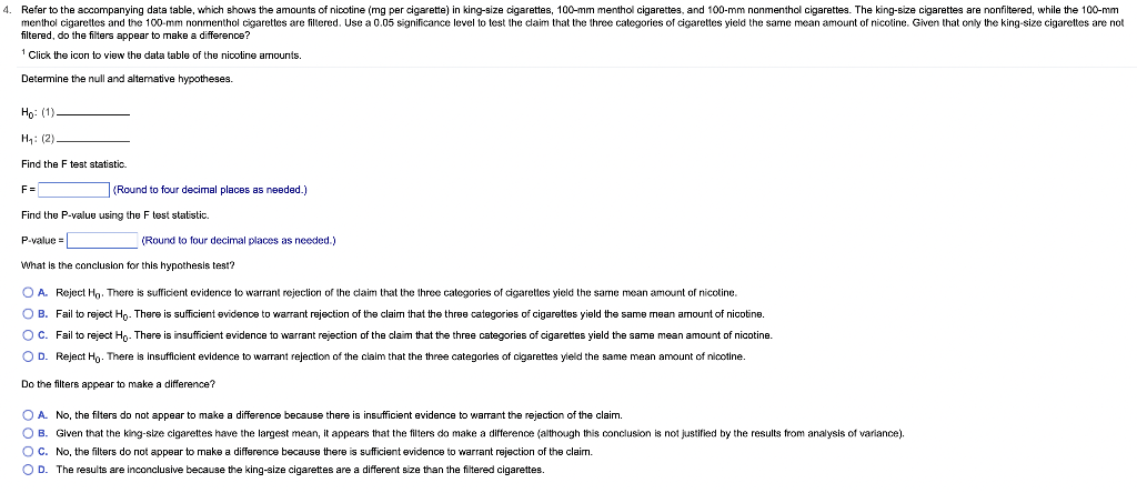 4 Refer To The Accompanying Data Table Which Shows The Amounts Of Nicotine Mg Per Cigarette In King Size Cigarettes 1