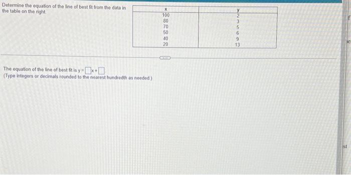 Determine The Equation Of The Line Of Best Fit From The Data In The Table On The Right 100 238383 2 3 5 6 9 13 The Equat 1