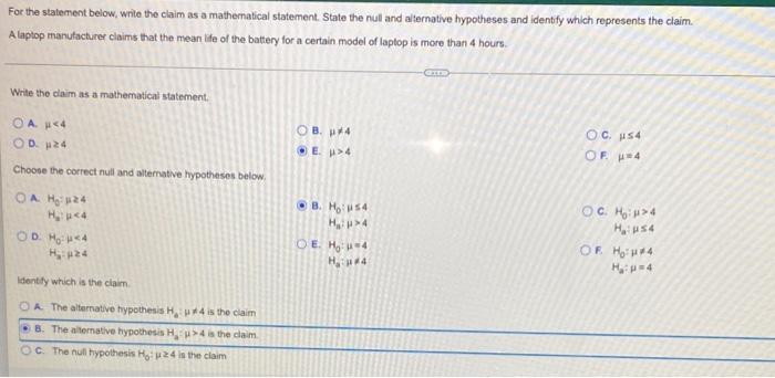 For The Statement Below Write The Claim As A Mathematical Statement State The Nul And Alternative Hypotheses And Ident 1