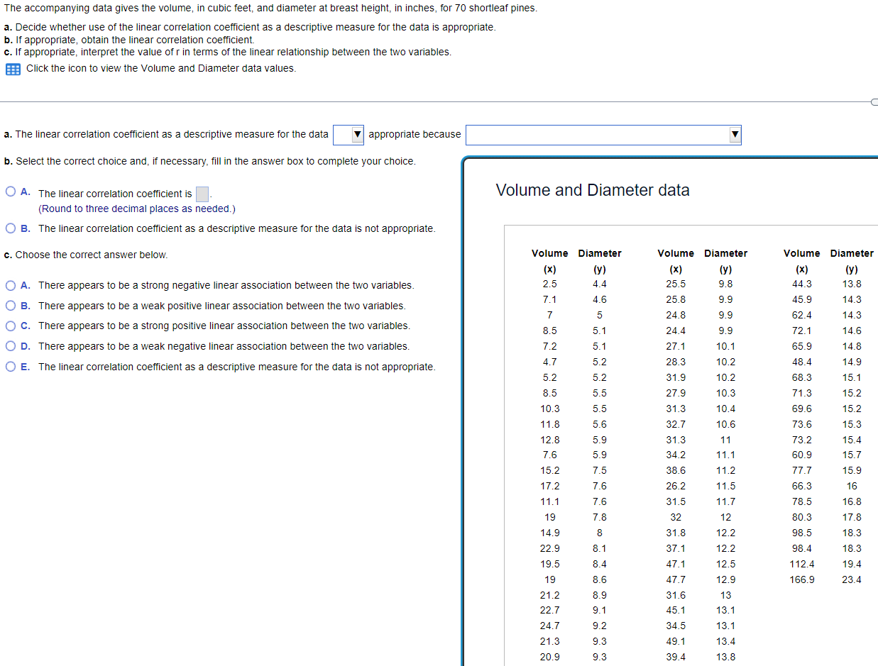 The Accompanying Data Gives The Volume In Cubic Feet And Diameter At Breast Height In Inches For 70 Shortleaf Pines 1