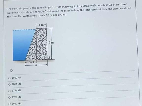 The Concrete Gravity Dam Is Held In Place By Its Own Weight If The Density Of Concrete Is 2 5 Mg M2 And Water Has A De 1