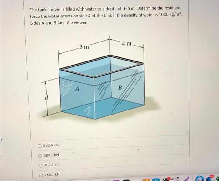 A The Tank Shown Is Filled With Water To A Depth Of D 6 M Determine The Resultant Force The Water Exerts On Side A Of T 1