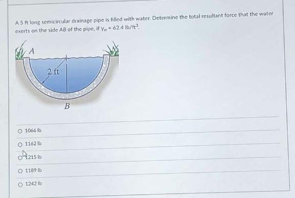 As Ft Long Semicircular Drainage Pipe Is Filed With Water Determine The Total Resultant Force That The Water Exerts On 1