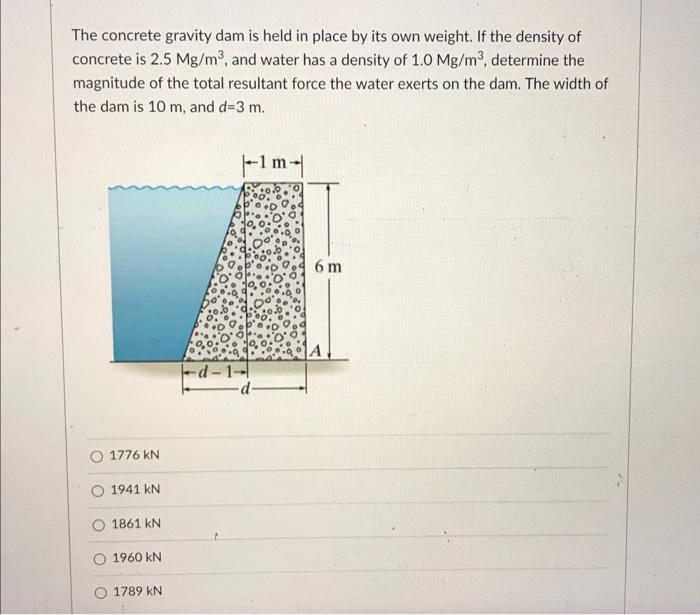 The Concrete Gravity Dam Is Held In Place By Its Own Weight If The Density Of Concrete Is 2 5 Mg M And Water Has A De 1